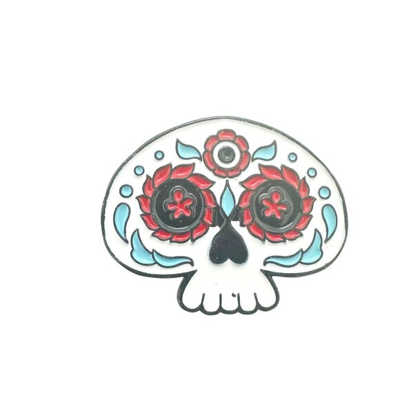 ✨Sugar Skull Enamel Pin Dia de Muertos Red & White Flowers Black Halloween New✨ - Picture 5 of 6